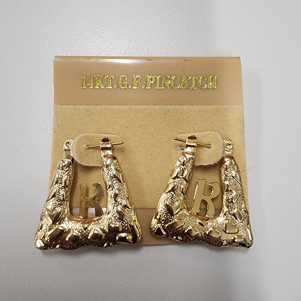 Vintage 14K Gold Filled Initial "K" Earrings Textured Nugget Pincatch Hoops